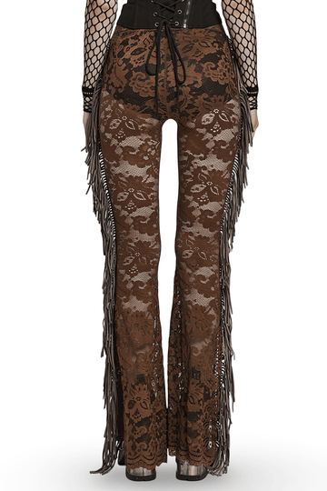 Stylish Brown Fringe Lace Pants with a Gothic Twist